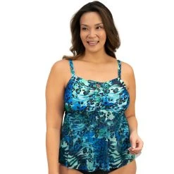 Swimsuits Plus Size Del Raya Mesh Overlay Grommet Tankini Swim Top - Animal