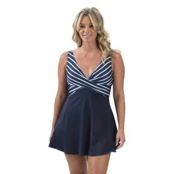 Swimsuits Womens Dolfin® Aquashape Nautical Wrap-Front Swimdress